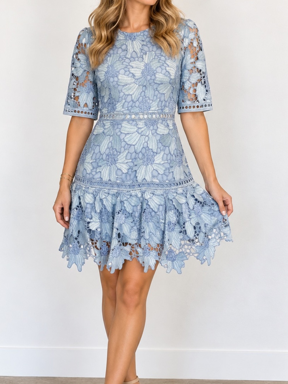 Just Me Blue Floral Guipure Lace Fit Flare Ruffle Mini Dress Size S